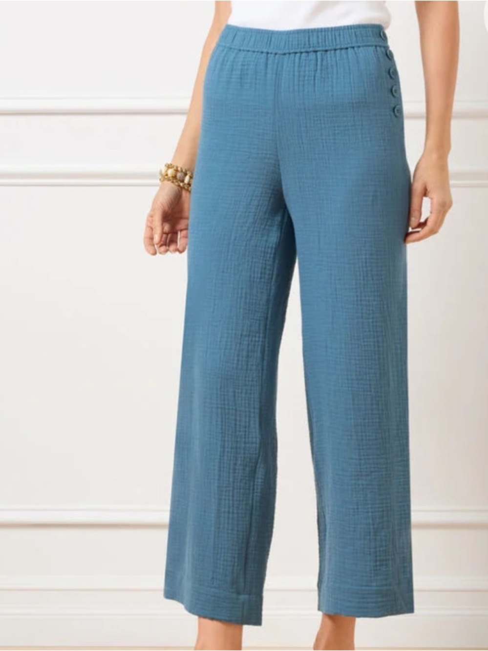 Talbots Women MP Stellar Blue Cotton Lagenlook Wide Crop Pull-On Gauze Pants
